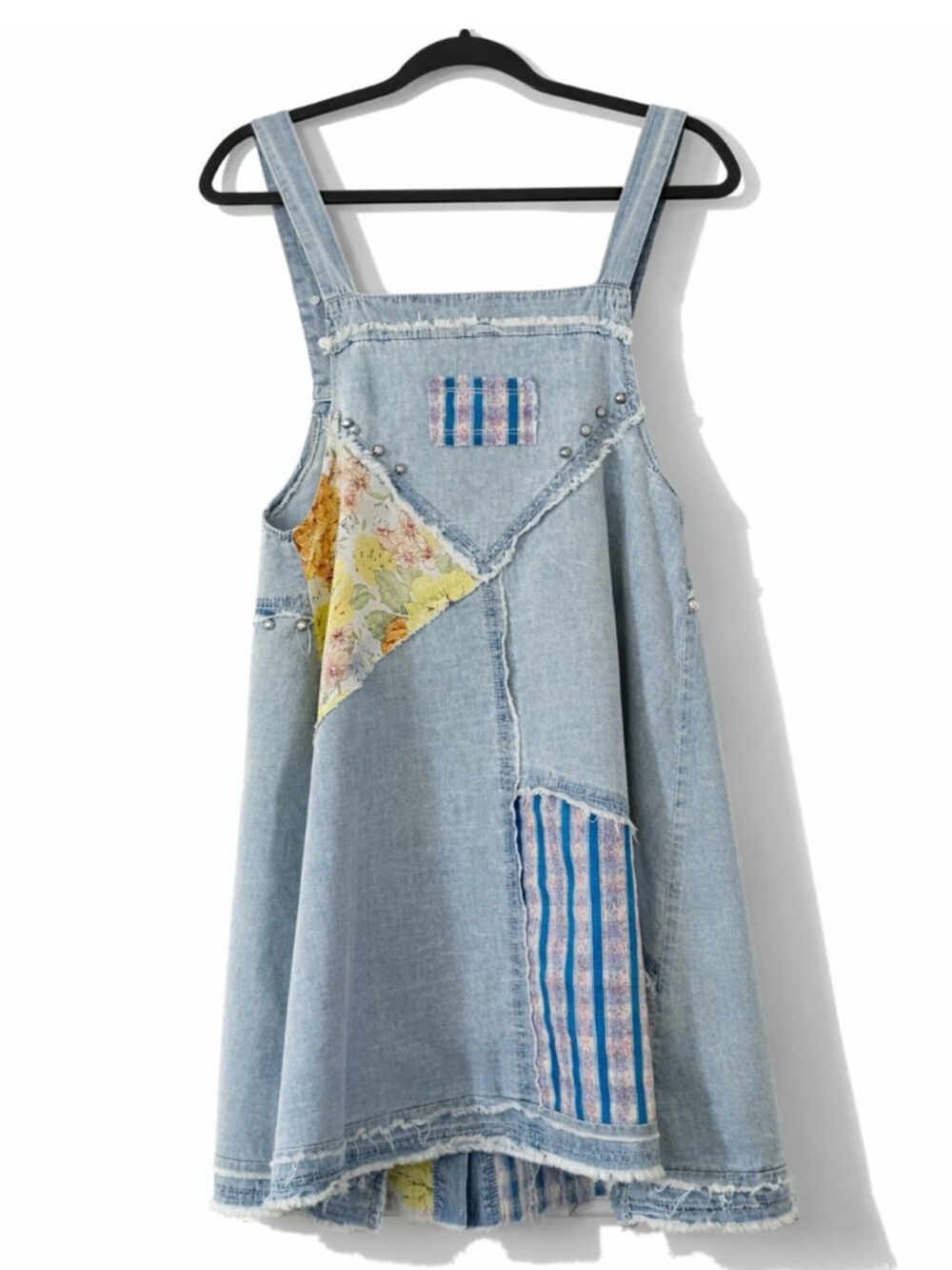 Light Blue Denim Patchwork Sundress with Floral & Stripe Panels - Picture 4 of 9